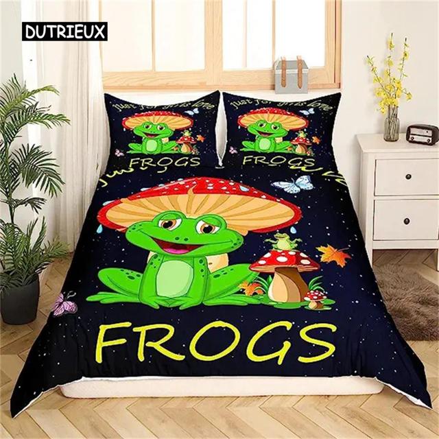 Bettbezug mit Cartoon-Pilz-Frosch, niedlicher Frosch-Bettbezug für Kinder, Jungen und Mädchen, natürlicher Wildpilz-Bettbezug, rosa Pilz