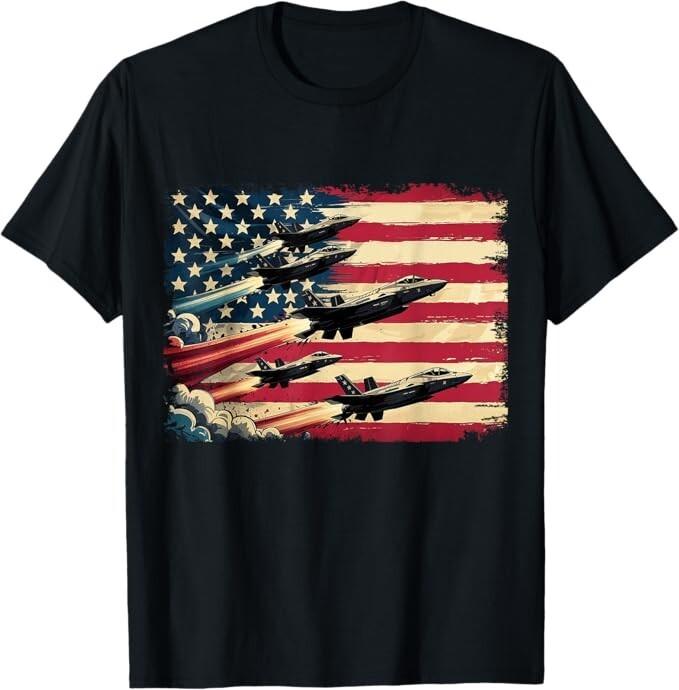 Vintage American Flag USA Fighter Jets 4th of July Patriotic T-Shirt
