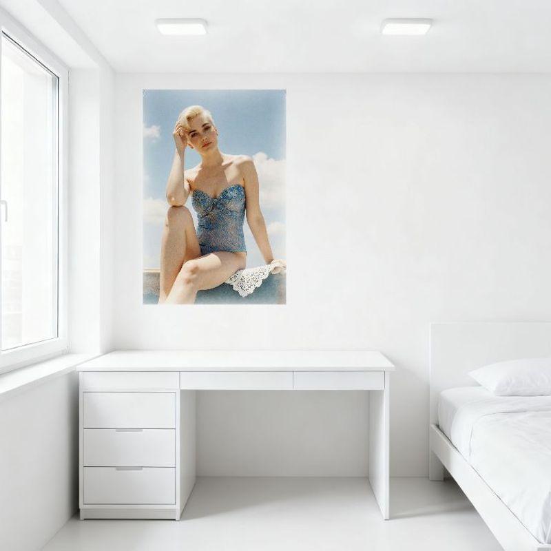Vintage Retro Sexy Blonde Woman Updo Swimsuit Tin Sign, Light Blue Poolside Decor Metal Poster for Bar Pub Home Cafe Wall Decor