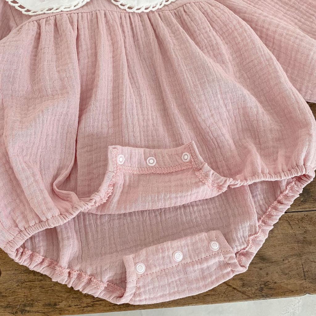 Baby Girl Solid Long Sleeve Romper with Peter Pan Collar for Spring Autumn