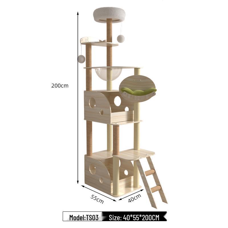 Large Wooden Cat Tree & Scratching Post with Space-Saving Design - Integrated Climbing Frame & House
