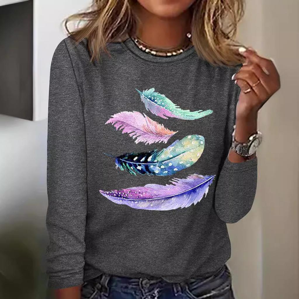 Autumn Feather Pattern Printed Long Sleeve Round Neck Top Women's T-shirts