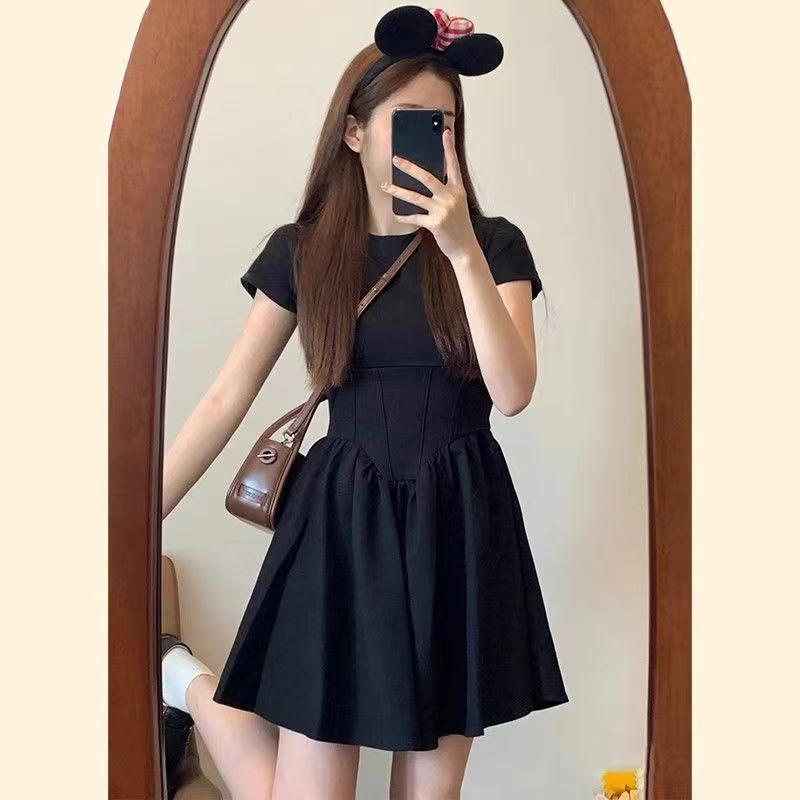 

Pleated Round Neck A-Line Dress with Waist-Cinching Summer Design L чёрный