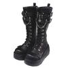 Platform Wedges Motorcycle Boots Black Round Toe Side Zipper Lace Up Fashion Belt Buckle Chain Mid-Calf Boots Punk Women Shoes