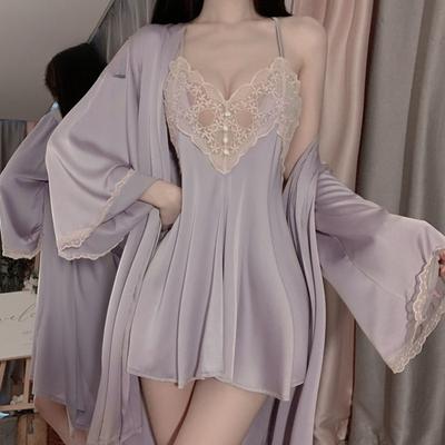 Loose Backless Pajamas Solid Color Comfortable Suspender Skirt Lace-up Cardigan Robe Home Set