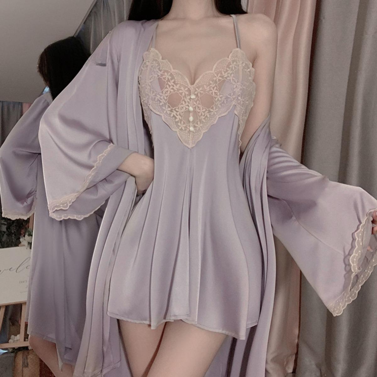 

Loose Backless Pajamas Solid Color Comfortable Suspender Skirt Lace-up Cardigan Robe Home Set XL