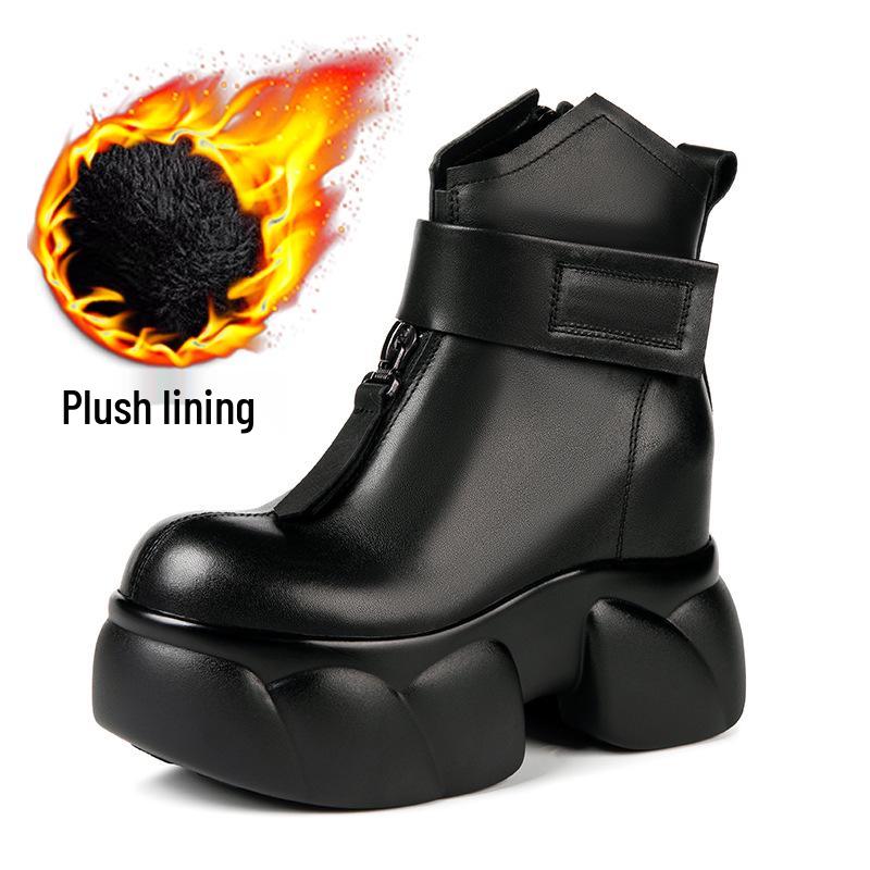 

Женские кожаные ботинки мартин на платформе со скрытым каблуком 9 см - круглый носок, толстая подошва, до середины икры для осени/зимы 2025. 35