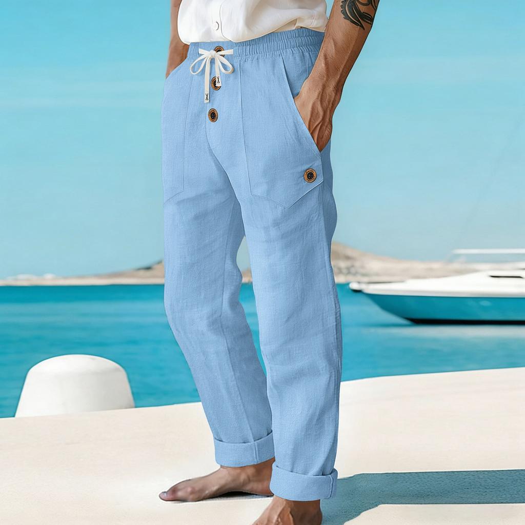 Men's Casual Pants - Large Pocket Drawstring Straight-leg Pants