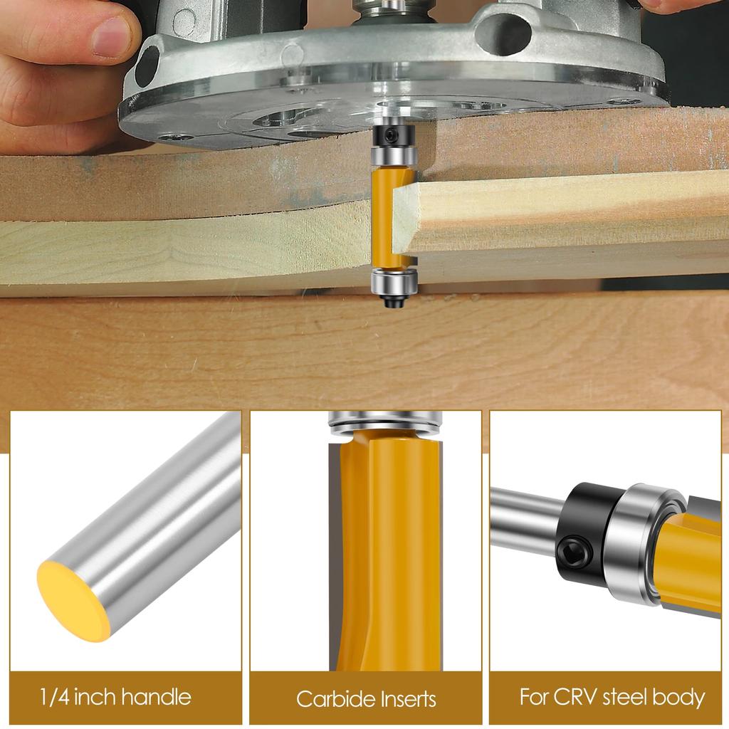 4 Pcs 1/4′′ 8mm Shank Flush Trim Router Bit Blade Template Pattern Bit Bearing 1/2Inch Straight End Mill for Woodworking Cutting