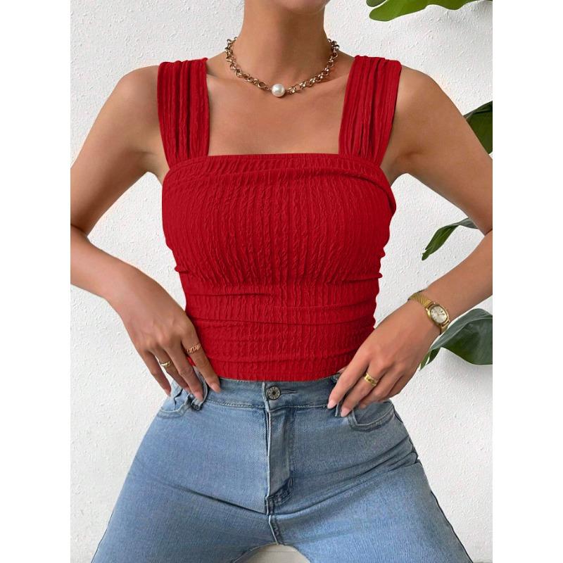 Women's Sleeveless Crop Top with Exposed Navel, Square Collar and Shoulder Strap Vest