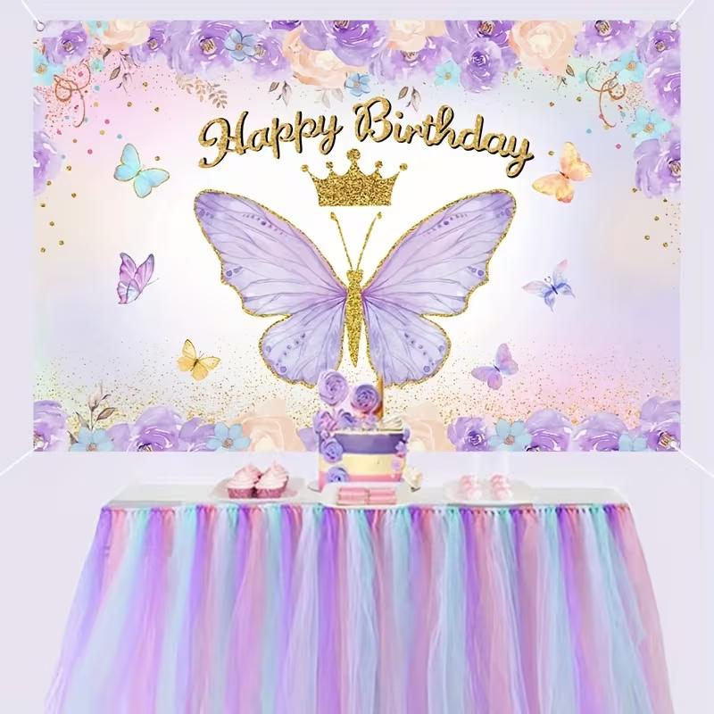 2D Flat Printing Floral Gold Crown Birthday Backdrop for Girl's Photoshoot