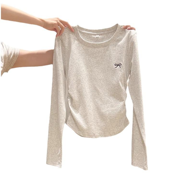 Φθινοπωρινή Γυναικεία Μπλούζα με Στρογγυλή Λαιμόκοψη, Κέντημα Φιόγκο, Μακρύ Μανίκι και Πλισέ Λεπτομέρειες