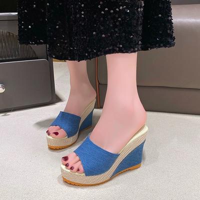Fashion Fashion Blue Denim Wedge Sandals for Women Peep Toe Chunky Platform Slippers Woman 2025 Summer Comfort Thick Sole Beach Slides