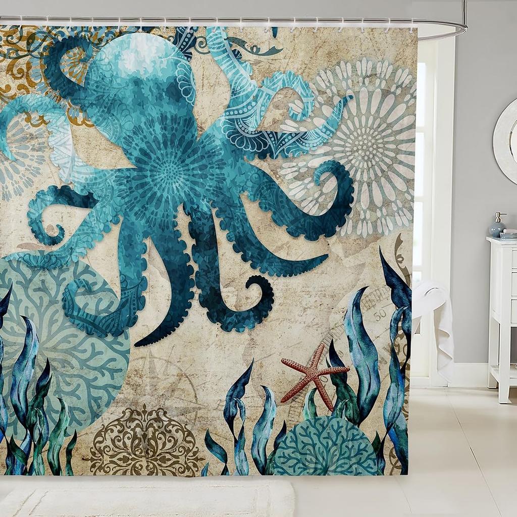 Bathroom Wave Shower Curtain Set With Hooks,Sea Ocean Waves Bath Curtain Hand Drawn Style Japanese Illustration Great Wave