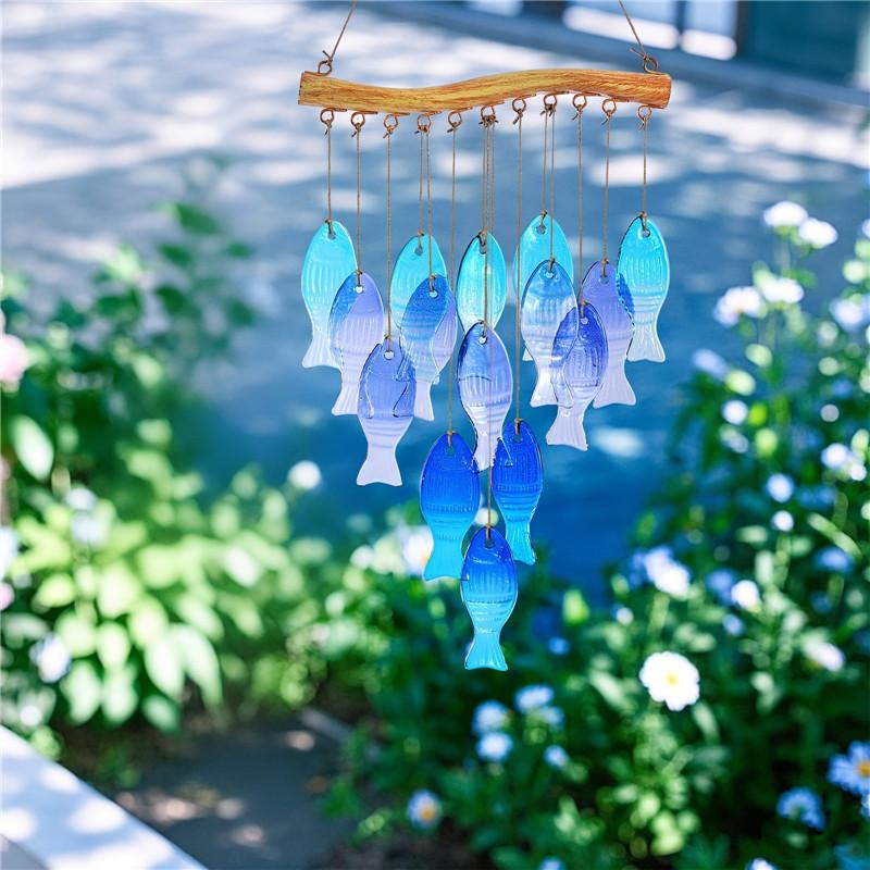 Handmade Blue Glass Fish Wind Chime Large Outdoor/Indoor Hanging Decor