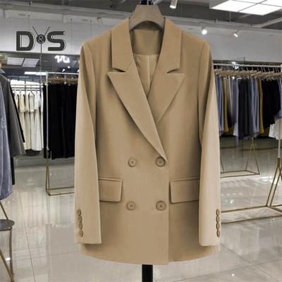 Damen Anzugjacke Revers Langarm Zweireihig Anzugjacke mit Pattentaschen Einfarbig Lockere Passform Lässige Business-Oberbekleidung