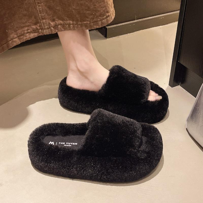 Thick-soled outer wear fluffy slippers women's autumn new one-word home plush slippers open-toed cotton slippers
