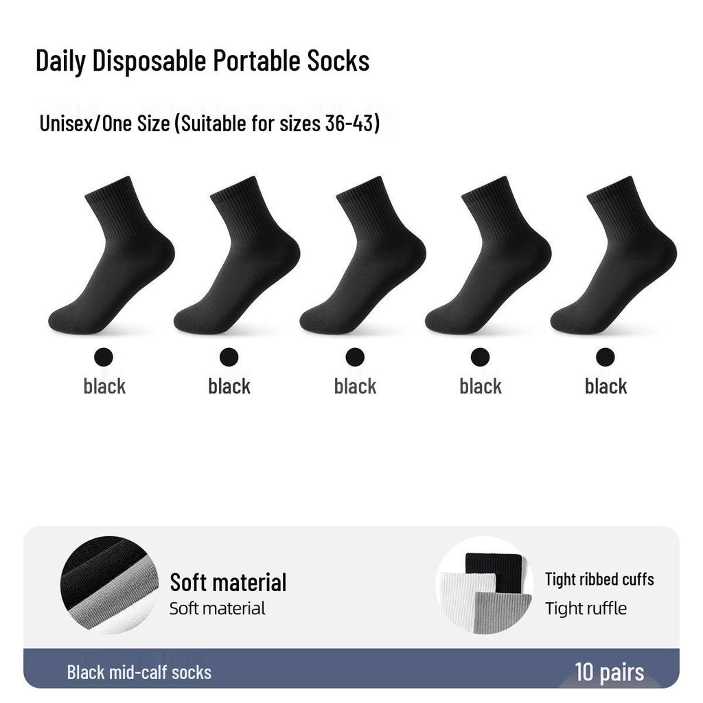 Disposable Mid-Calf Cotton Socks for Men and Women - Breathable, Sweat-Absorbent, Odor-Resistant for Travel and Daily Use.