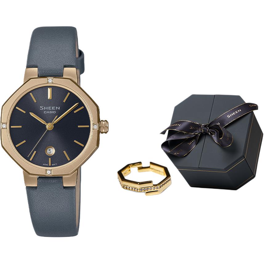 CASIO SHEEN Quartz Movement Leather Strap Watch Women s Watch Gold Dial SHE-4543GL-8AUPRS Ring Box