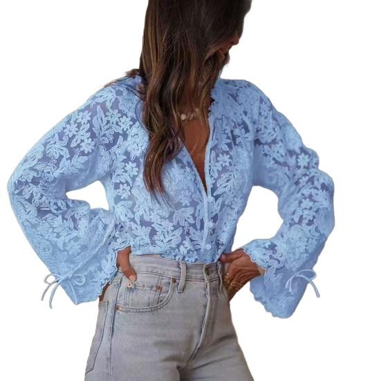 

Shirt Lace Lantern Sleeve Flared Tops Single Cuffs Shirt Breasted Hollow Lace Flower Tops Work S