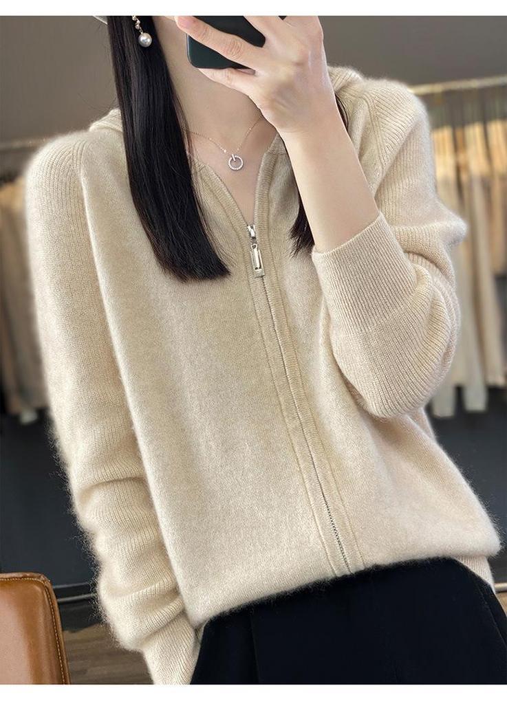 2023 Women's Hooded Wool Knit Cardigan - Fashionable, Loose-Fit, Autumn Style Sweater