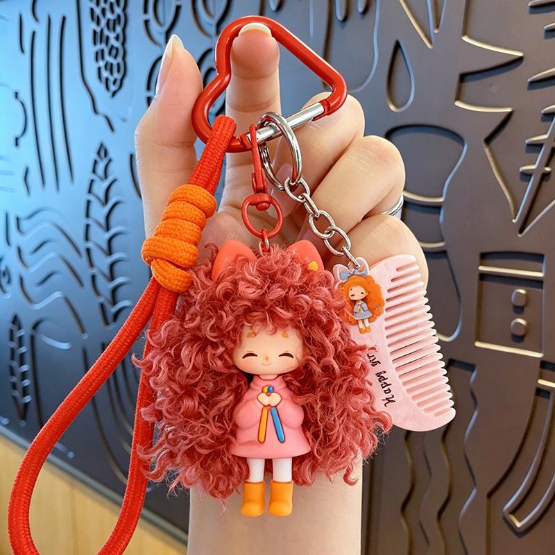 Portachiavi Bambola Ragazza Capelli Disordinati alla Moda, Ciondolo Borsa Figura Cartone Animato Carina, Portachiavi Piccolo Regalo Decorativo