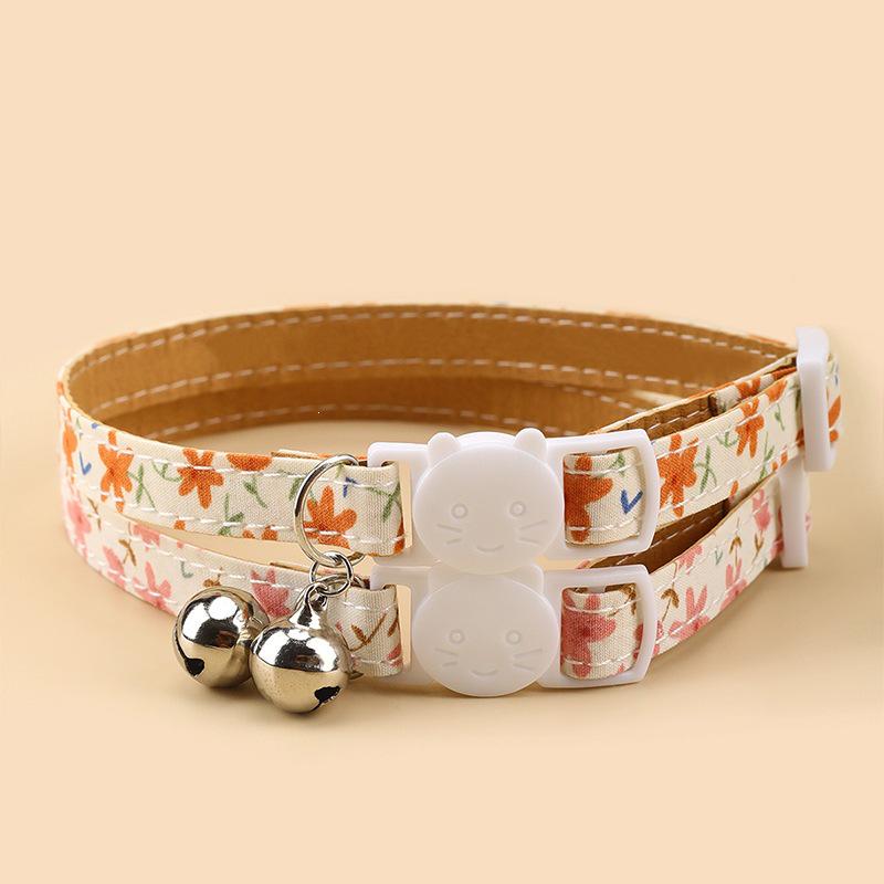 Leather-Lined Floral Cat Collar with Bell, Adjustable Size, Skin-Friendly