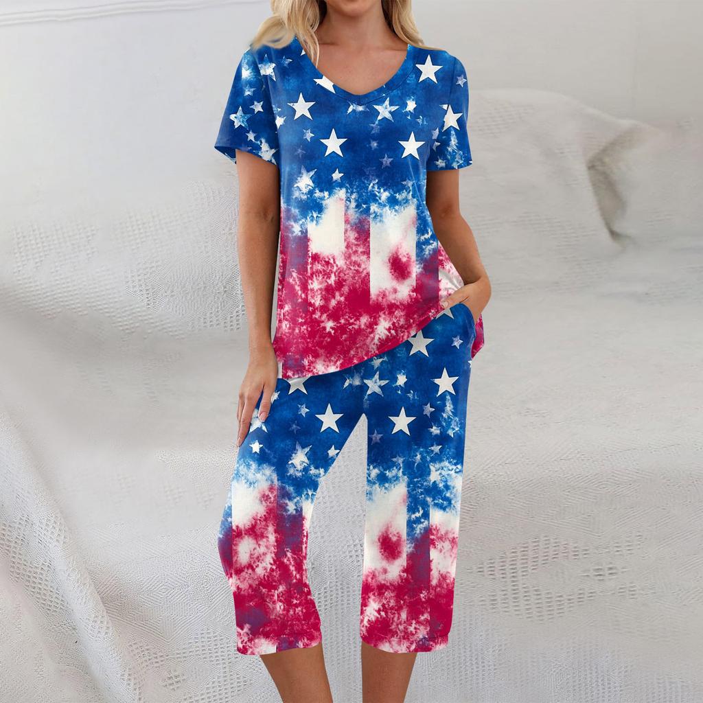 2 Piece Sets For Women Short Sleeve Top And Pants With Pockets Workout Soft Print Sets