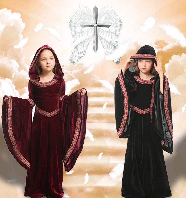 Pinse Evropa Středověký Halloweenský Kostým pro Dívky, Černý Přiléhavý Vzor, Dětské Divadelní Kostýmy