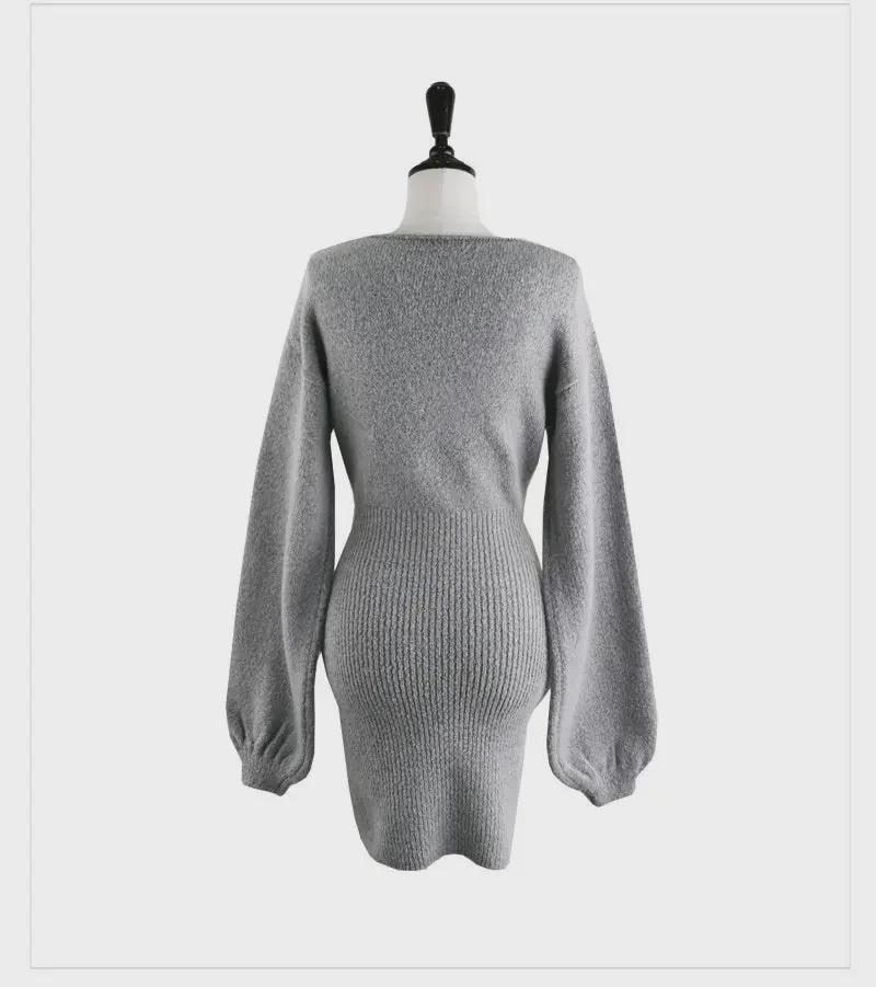 Korean Chic V-Neck Knitted Sweater Dress: Sexy Cross-Detail Hip Skirt for Spring & Autumn