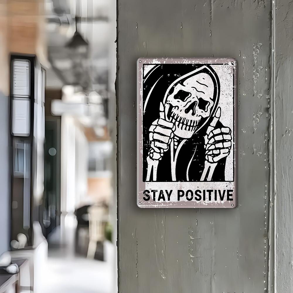Vintage Skull Sign - "Stay Positive" 8x12 Inch Humorous Metal Decor for Alternative Spaces