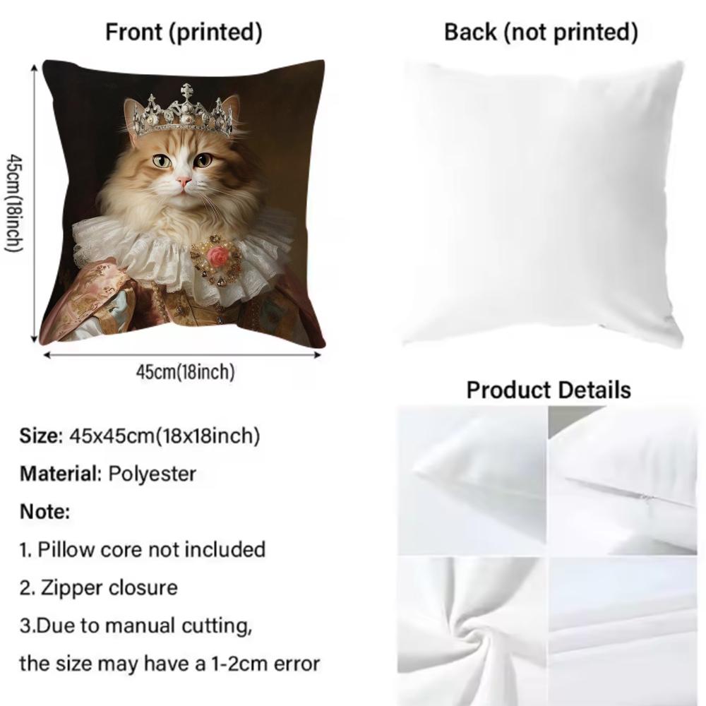 Renaissance Royal Cat Funny Cushion Cover Comfortable Reversible Pillow Cover Ideal for Car Sofa Bedroom & Beyond