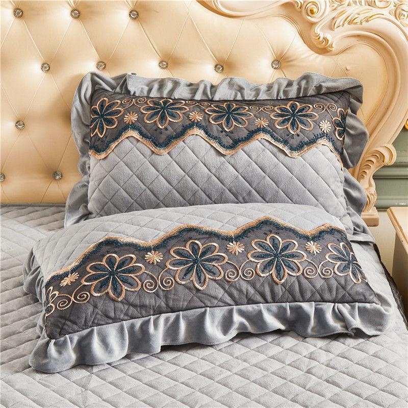 2pcs Velvet Pillow Case Luxury 48x74cm Pillow Cover Quilted Lace Bed Decorative Rectangle Pillow Shams Warm Solid Color