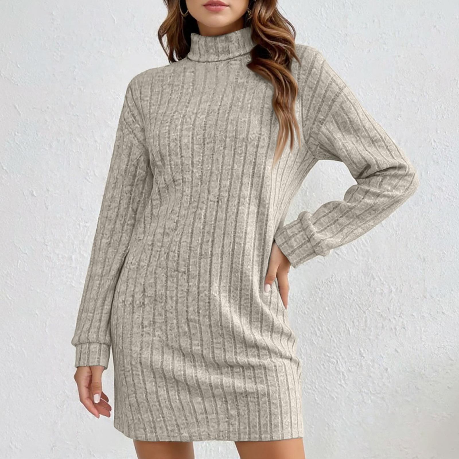 Women s Fashion Brushed Striped Mid-Length Turtleneck Long-Sleeved Dress XXL бежевый