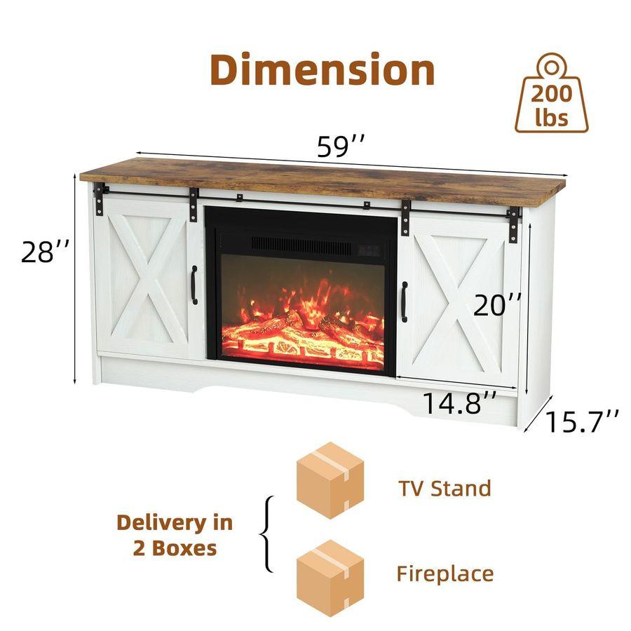 Fireplace TV Stand with Sliding Barn Door, 23 Electric Fireplace Entertainment Center with Adjustable Storage Cabinets, Farmhous
