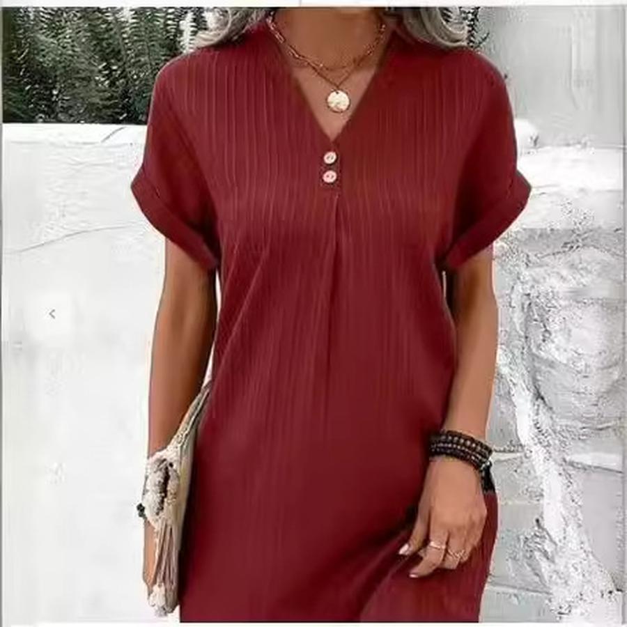 New Women's V-Neck Solid Color Set Sleeves Comfortable Casual Button Dress