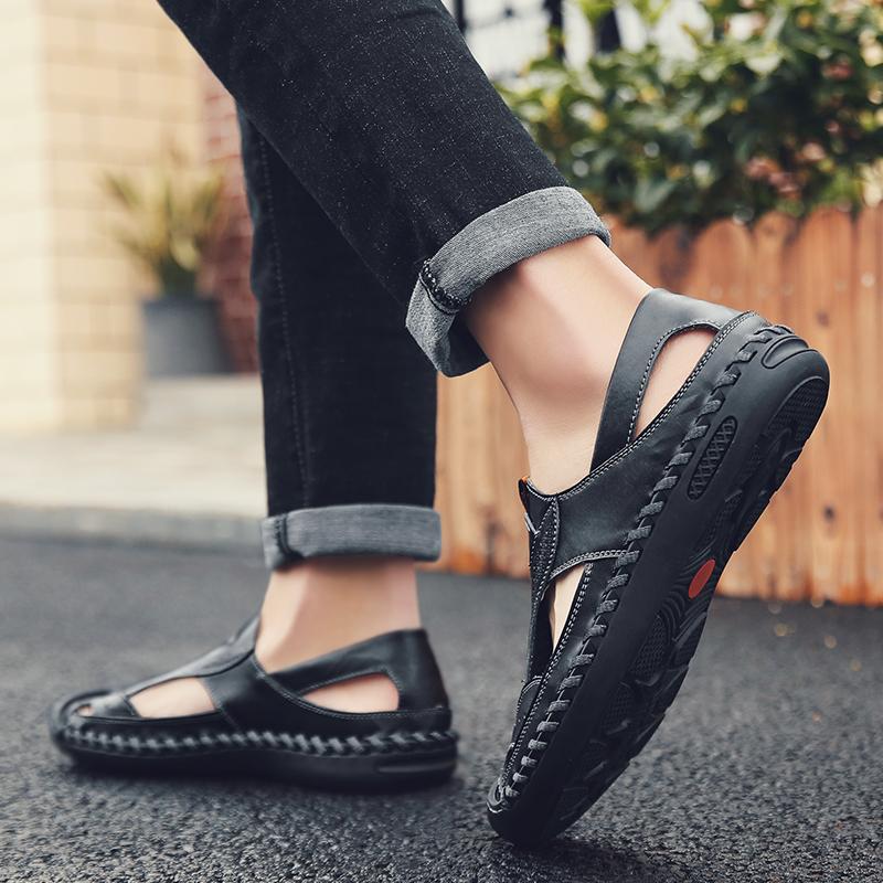 Fashion Outdoor Male Wading Aqua Shoes Retro Style Beach Shoes Simple Roman Shoes Casual Leather Summer Flats Leisure Walk Mens Sandals