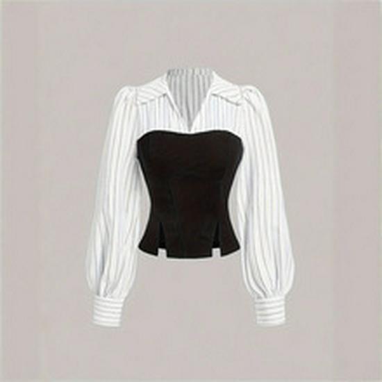 Slimming Black V-Neck Top with See-Through Waist & Lantern Sleeves - Sexy European & American Style