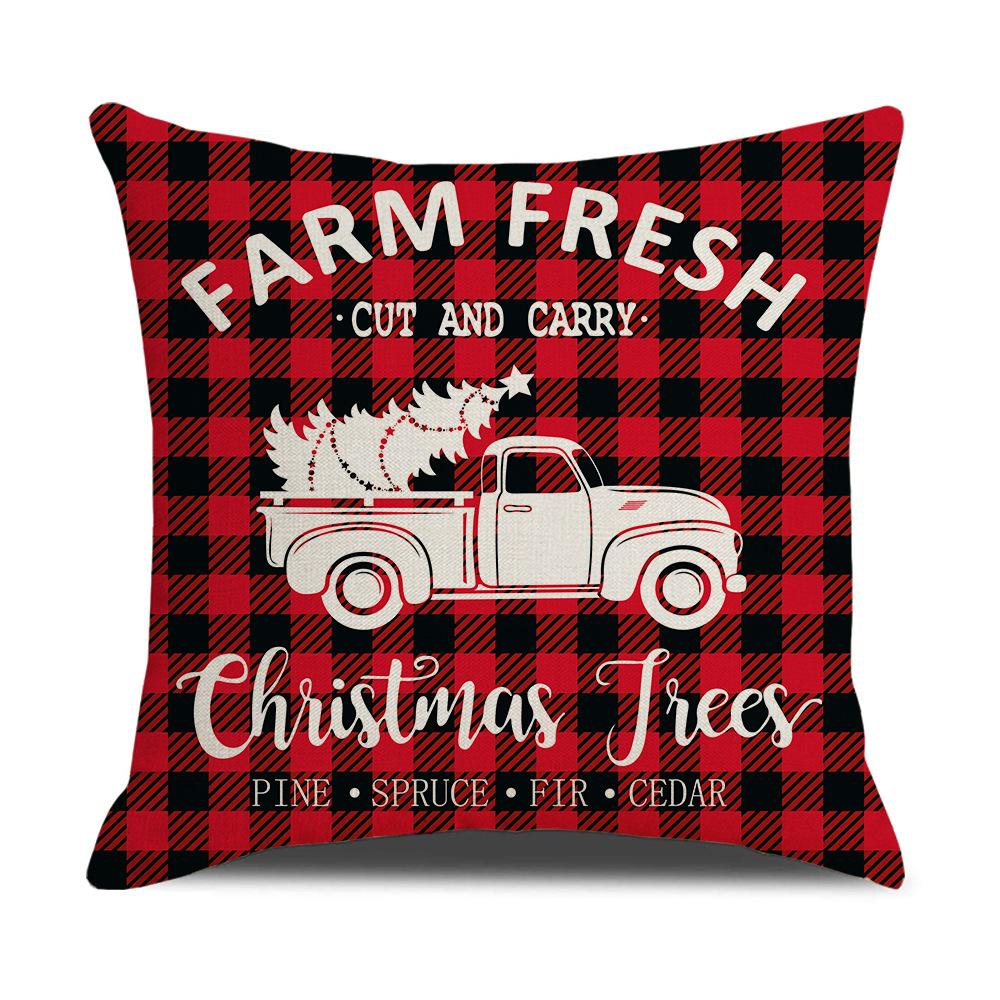 Red and Black Plaid Christmas Pillow Cover Cartoon Print Linen Sofa Cushion Cover Pillow