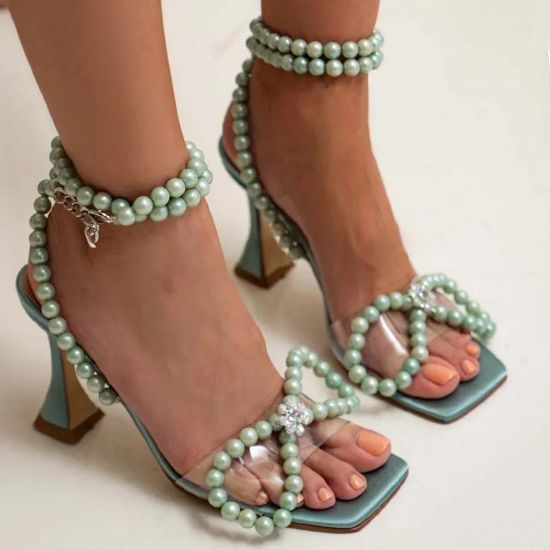 Fashion Ladies Pink Blue Pearl Bow Sandals Wine Glass Heel Shaped Heel Square Toe Large Size 37-42 Pearl Ankle Strap Sandals Footwear