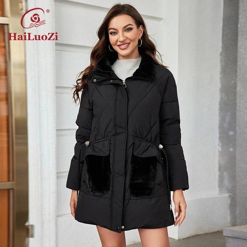 HaiLuoZi 2023 New Women Winter Jacket Short Warm Female Outwear Hooded Side Pockets With Fur Solid Color Women's Coat 1155