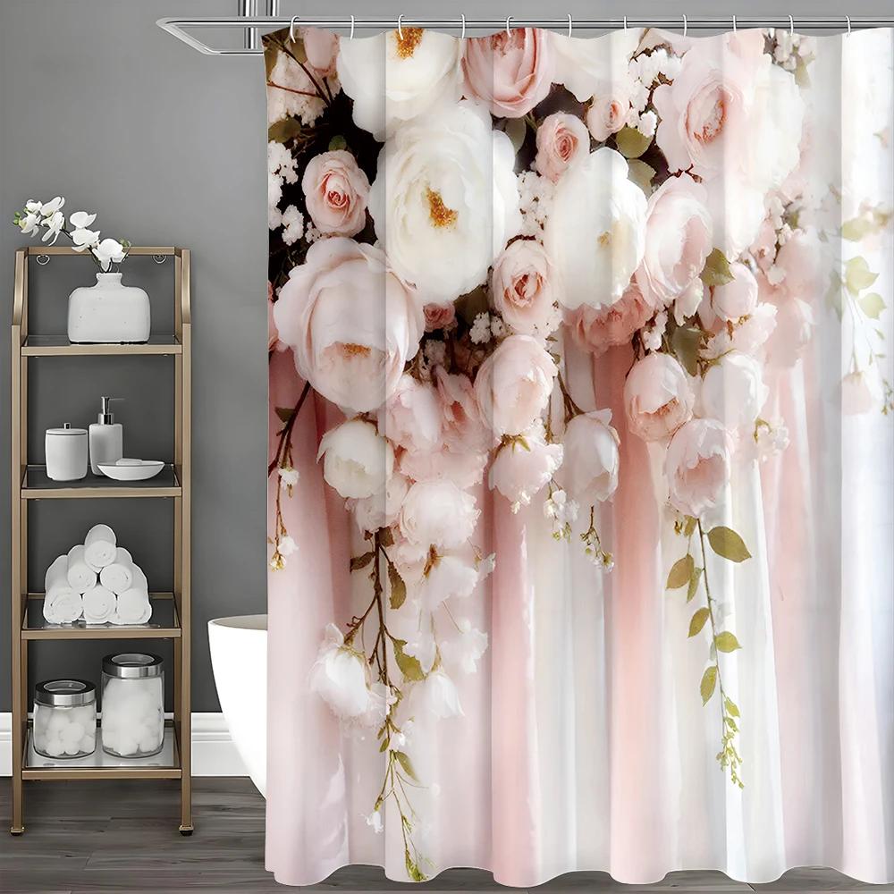 Różowa Zasłona Prysznicowa w Kwiaty Róży, Dekoracyjna Zasłona Prysznicowa do Łazienki, Wodoodporna Zasłona Prysznicowa z Haczykami