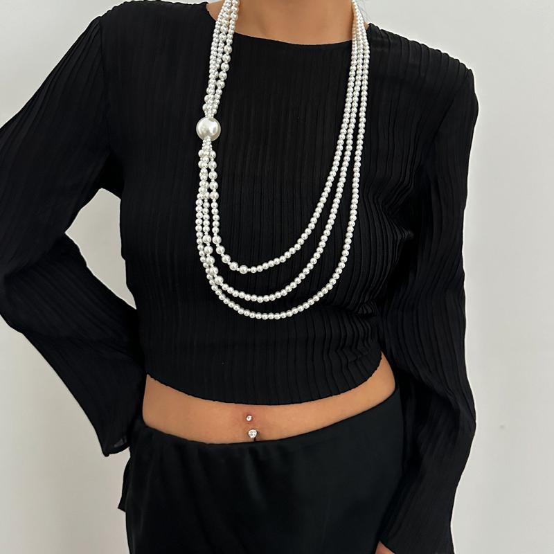 Elegant Multi Layer Smooth Imitation Pearl Long Tassel Necklace For Women Beads Sweater Chain Neck Jewelry