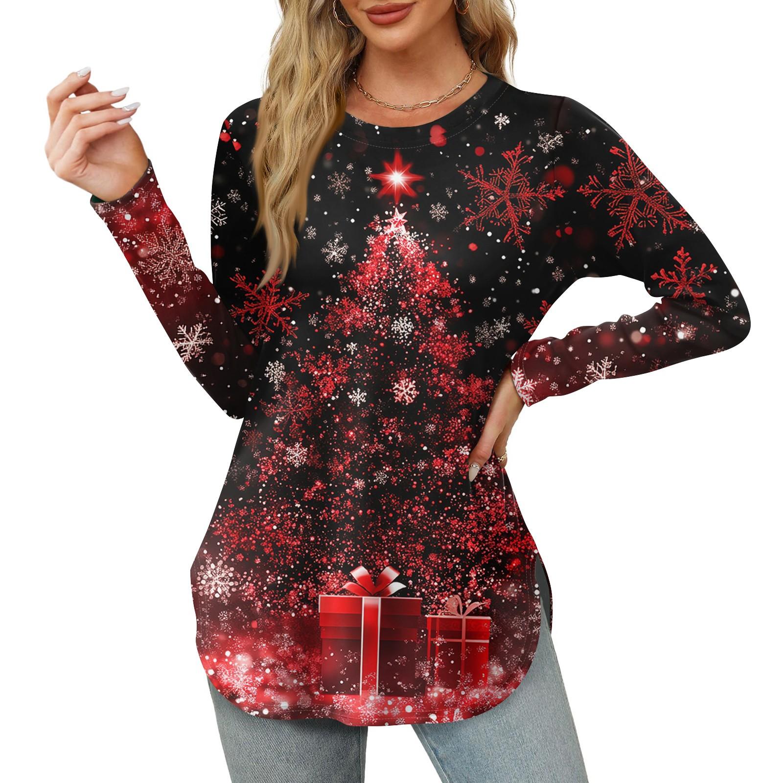 

Женские рубашки с длинным рукавом и круглым вырезом, боковые разрезы, свободные повседневные рубашки с рождественским принтом XXXL винный