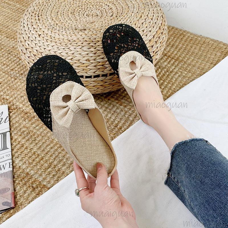 Fashion Slippers for Women Summer 2025 Breathable Mesh Cotton Cloth Cover Toe Slides Indoor Slip On Mules Casual Flats Zapatos De Mujer
