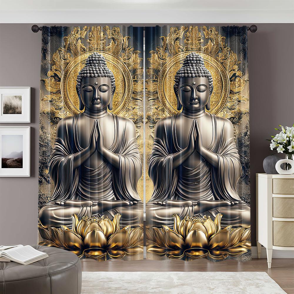 2pcs   2D flat printing Party Curtains Two Buddhas Lotus Position Art 100% Polyester  Without Electricity Birthday Party Applies