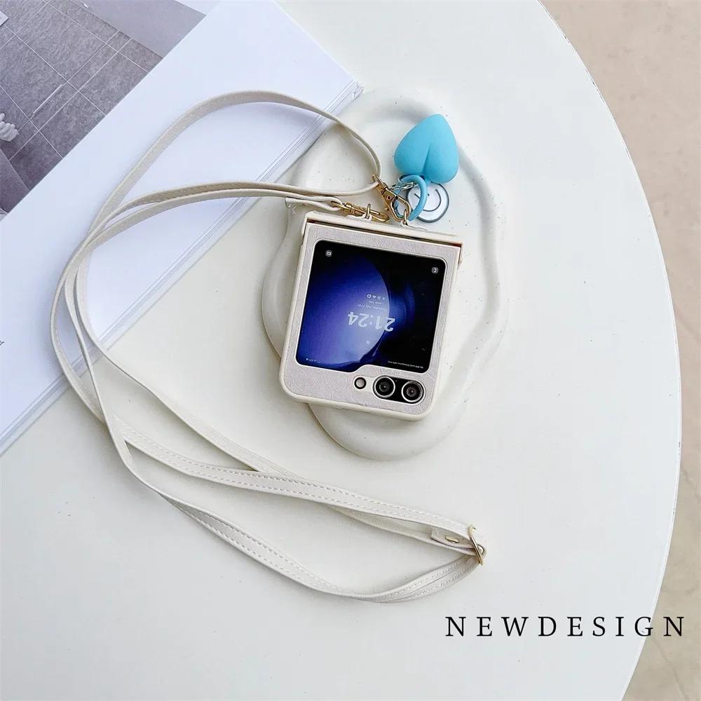 Leather Crossbody Love Pendant Phone Case for Samsung Galaxy Z Flip 6 5 4 3 Flip5 Flip4 Flip3 5G Protective Shockproof Cover