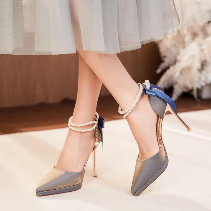 Hot Selling Slimming Shoes Heels Shallow Mouth Sandals Ladies Pointed Pumps Hollow 2025 All-Match Comfortable African Bow Toe