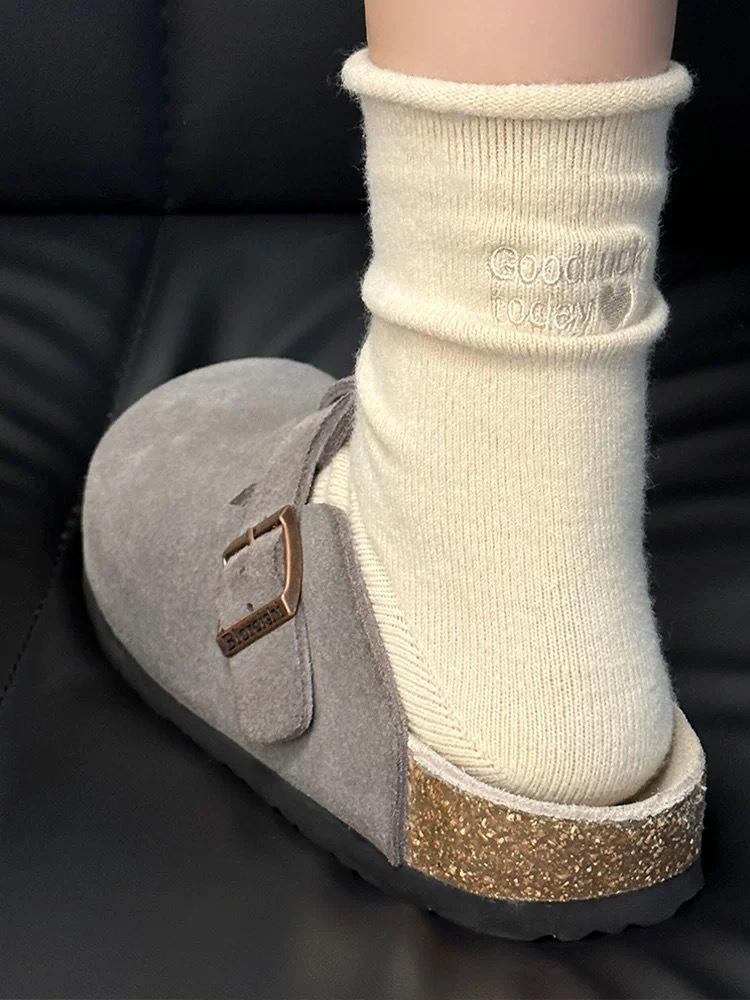 Japanese-Style Soft & Warm Slouch Socks - Women's Mid-Calf, Rolled Edge, Solid Color, Versatile for Autumn & Winter