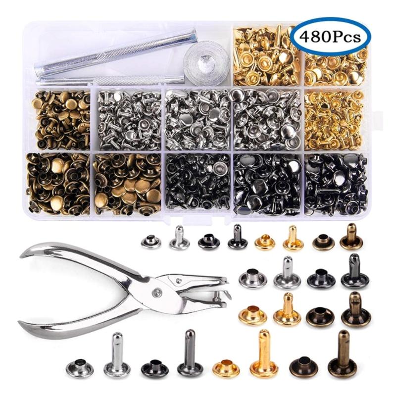 180Sets Leather Rivets Double Caps Rivets Tubular Metal Studs with 3 Setting Tool Punch Plier for Leather Craft Repair